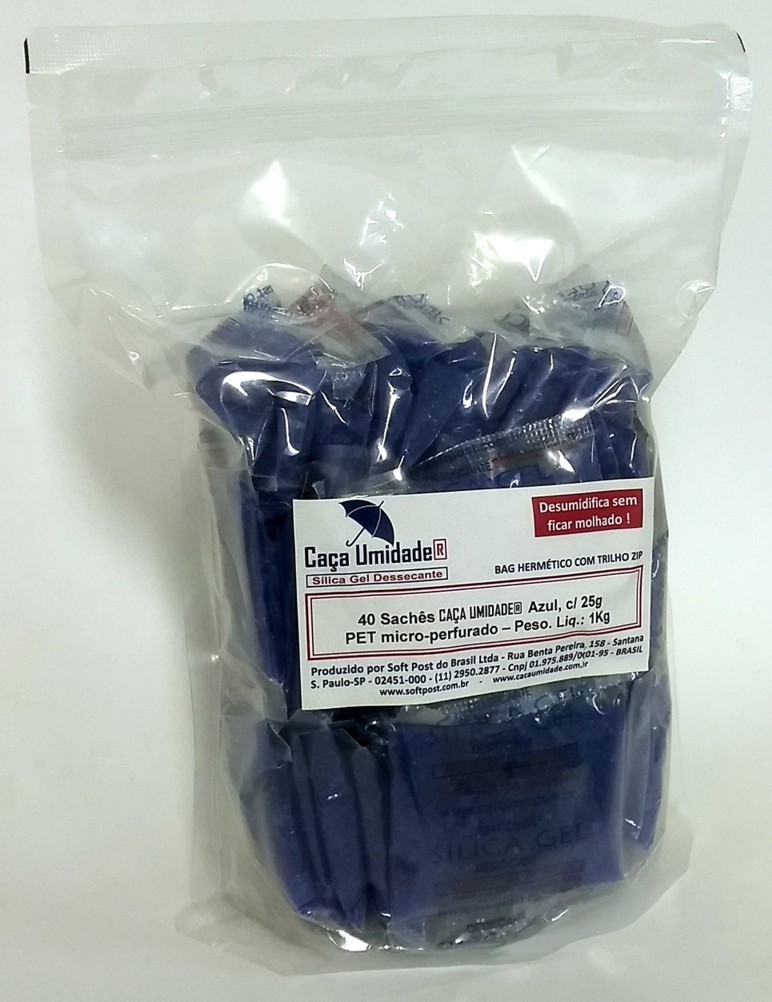 CAÇA UMIDADE AZUL, PET, 25g - BAG COM 40 SACHÊS PET TRANSPARENTES, COM 25g