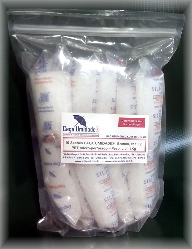 CAÇA UMIDADE BRANCO PET, 100g - BAG COM 10 SACHÊS PET TRANSPARENTES, COM 100g